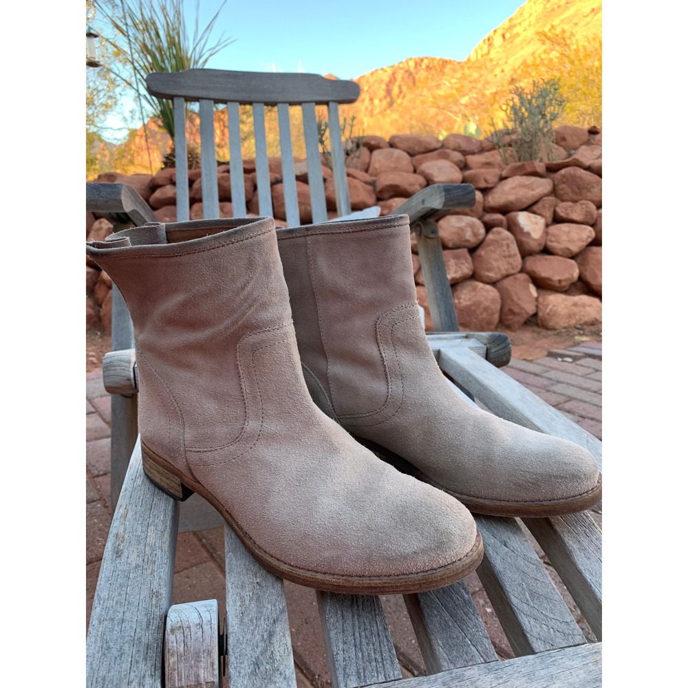 The Office of Angela Scott Taupe Suede Rear Zip Ankle Boots Made in Italy 37.5
